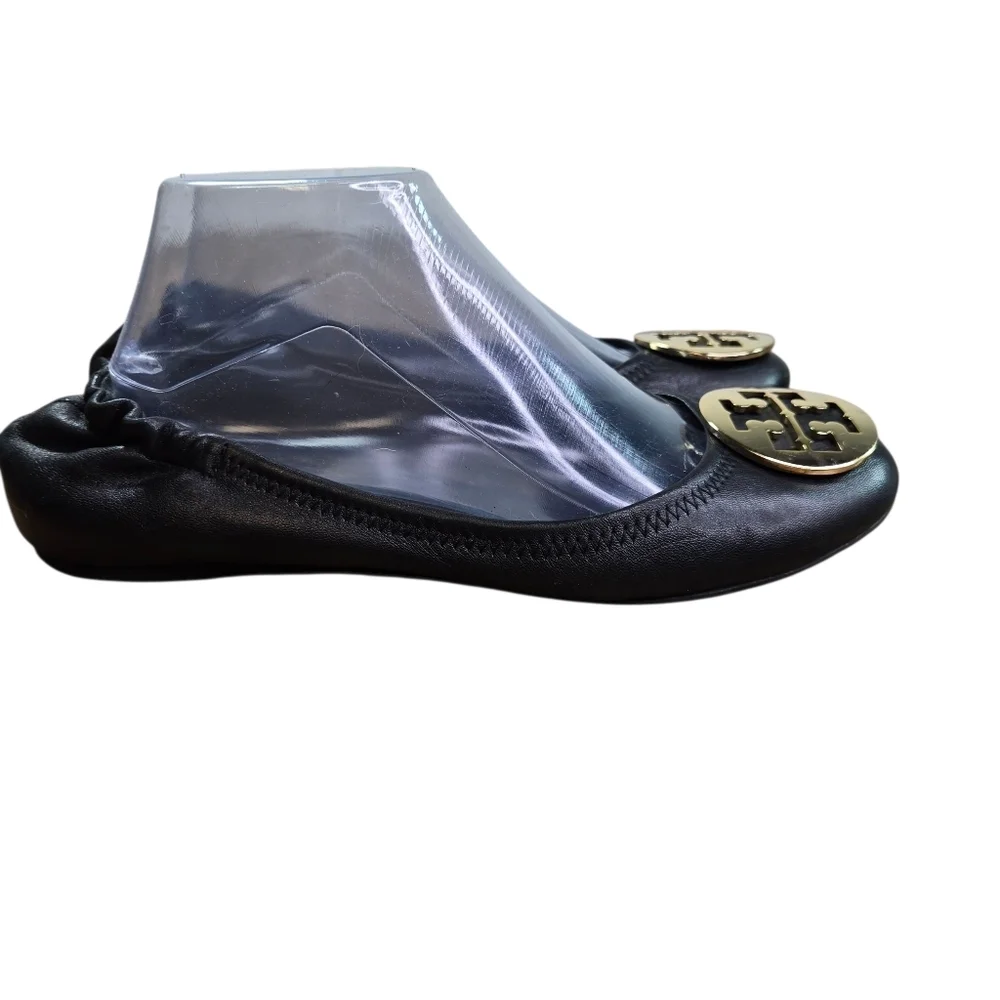 Tory Burch Reva Black Leather Ballet Flats Gold Logo Hardware